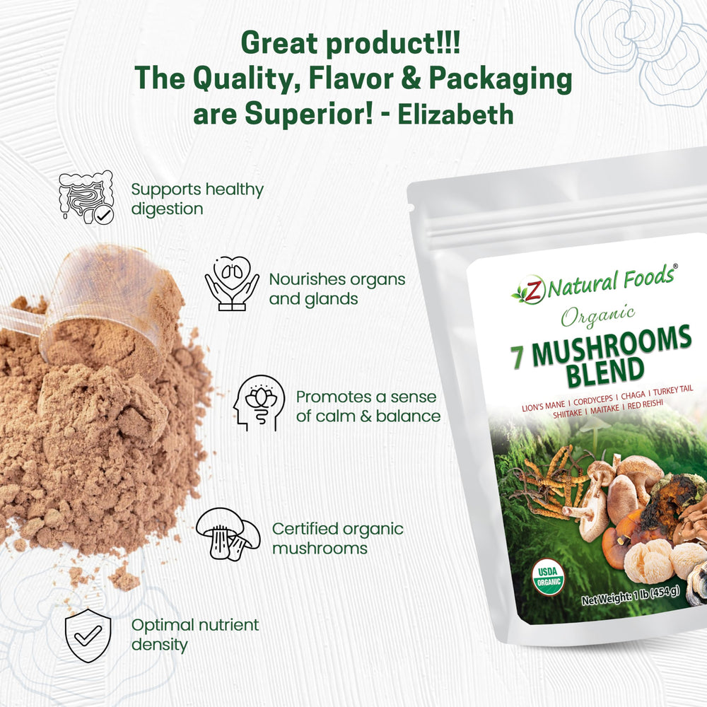 Box packaging of Z Natural Foods 7 Sacred Mushrooms Blend
