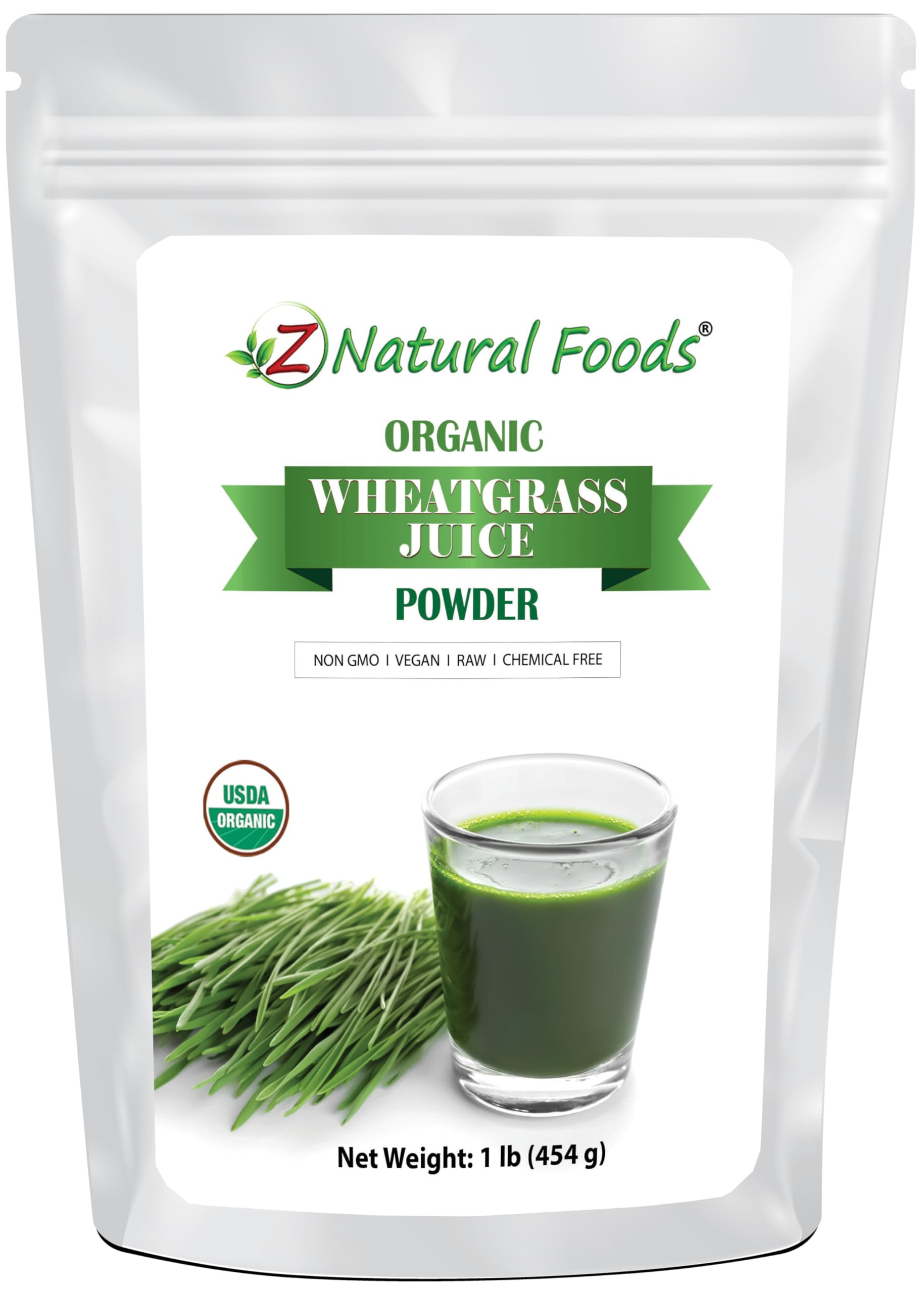 Front view of Z Natural Foods Organic Wheat Grass Juice Powder 1lb packaging