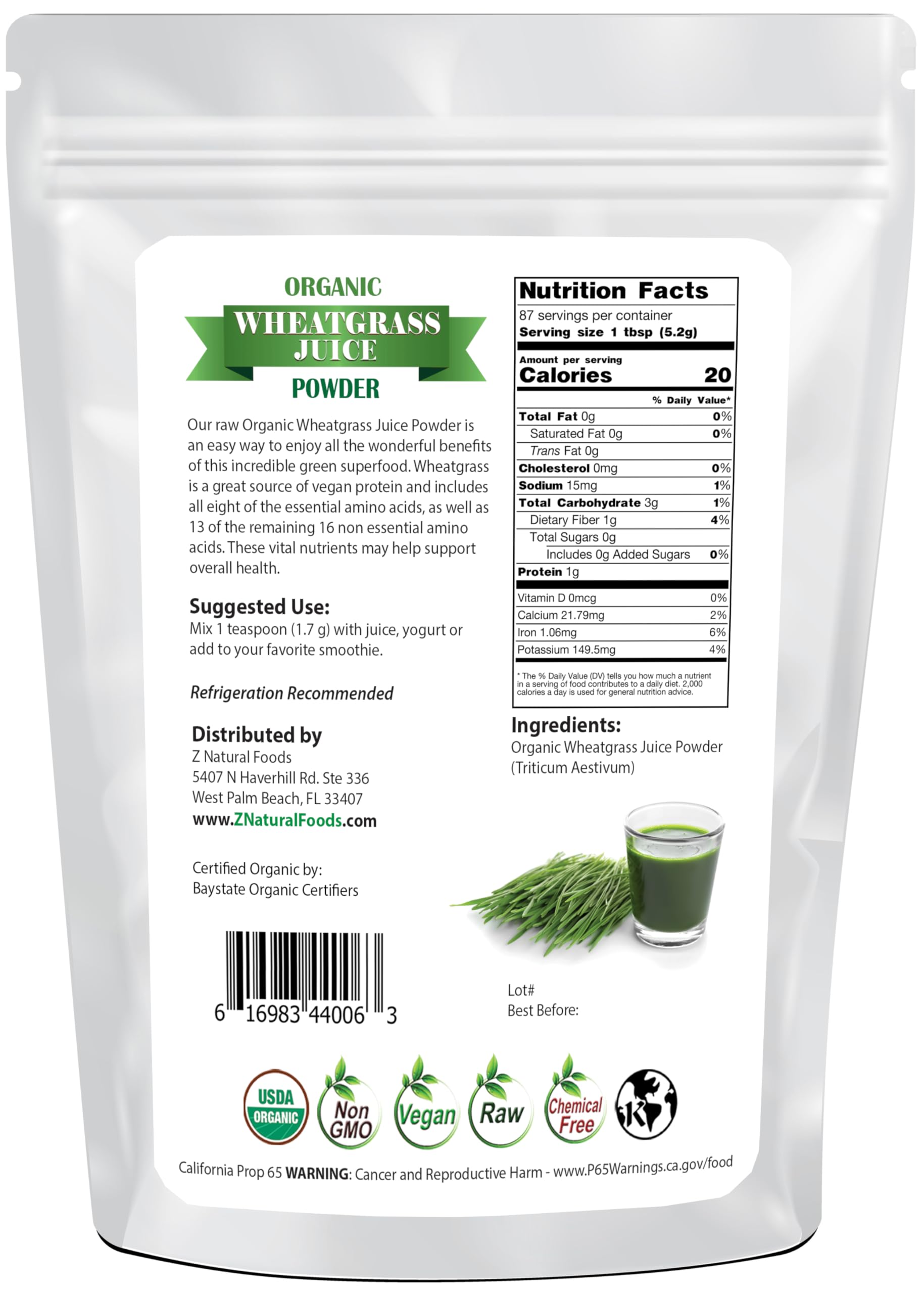 1lb packaging of Z Natural Foods Organic Wheat Grass Juice Powder