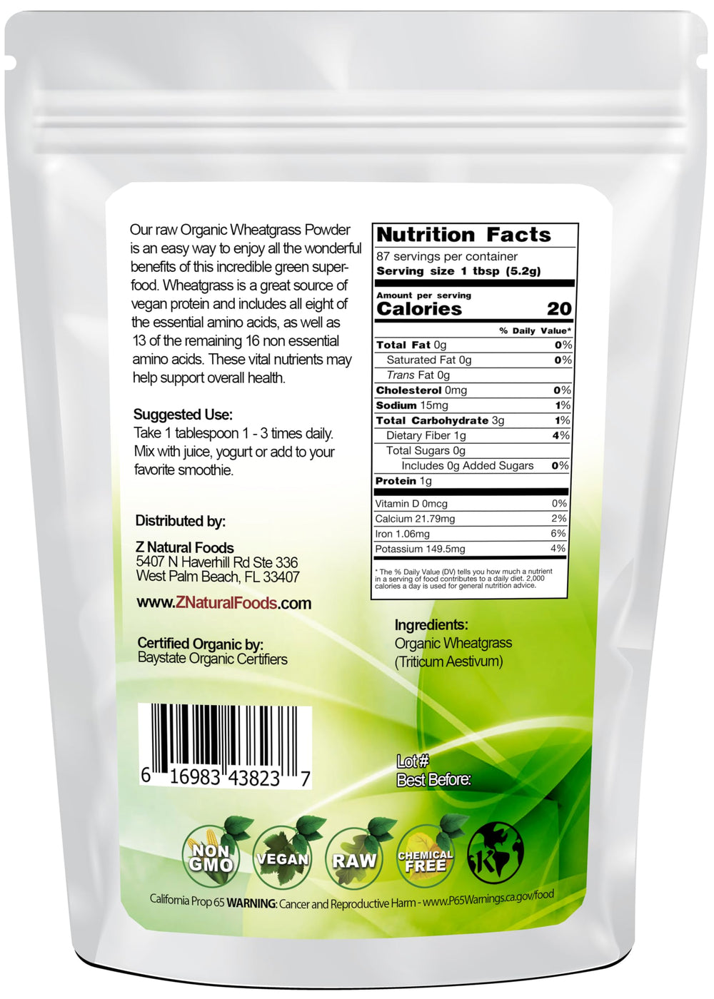 Back label of Z Natural Foods Organic Wheatgrass Powder 1 lb