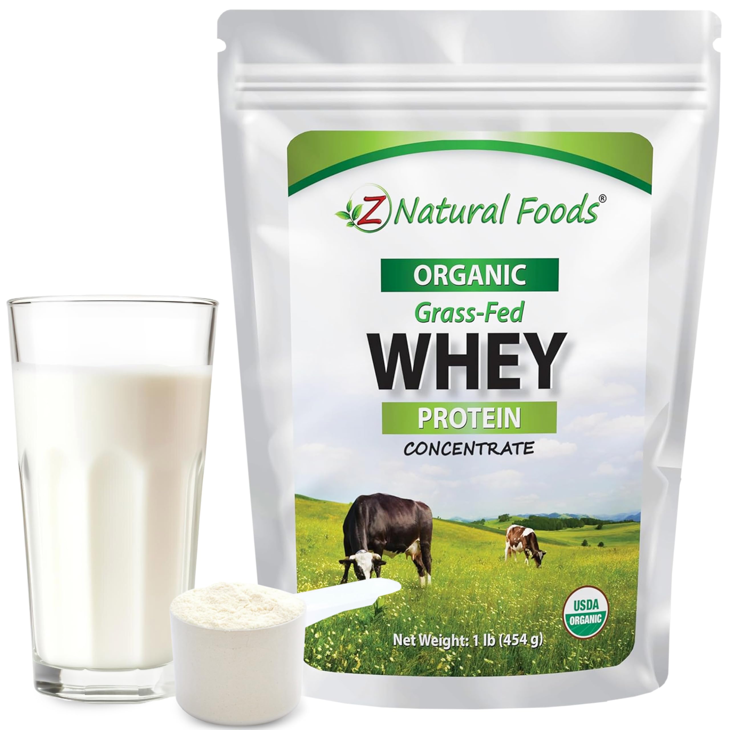 Z Natural Foods organic whey protein concentrate bottle shown for post-workout shakes and clean nutrition.