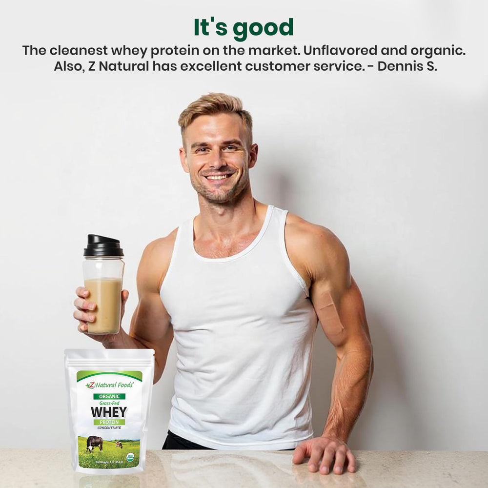 Z Natural Foods organic whey protein concentrate label highlights pure ingredients and essential amino acids.
