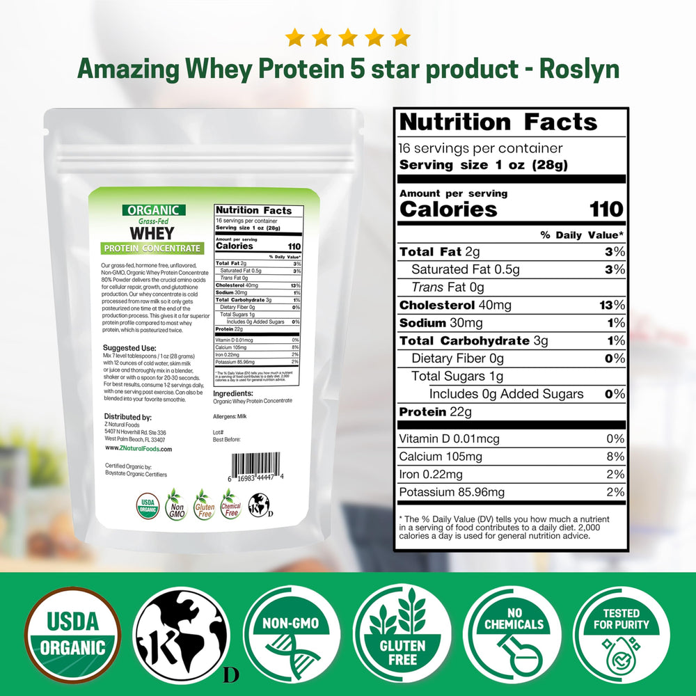 Z Natural Foods organic whey protein concentrate scoop illustrates measuring precise servings for daily protein goals.