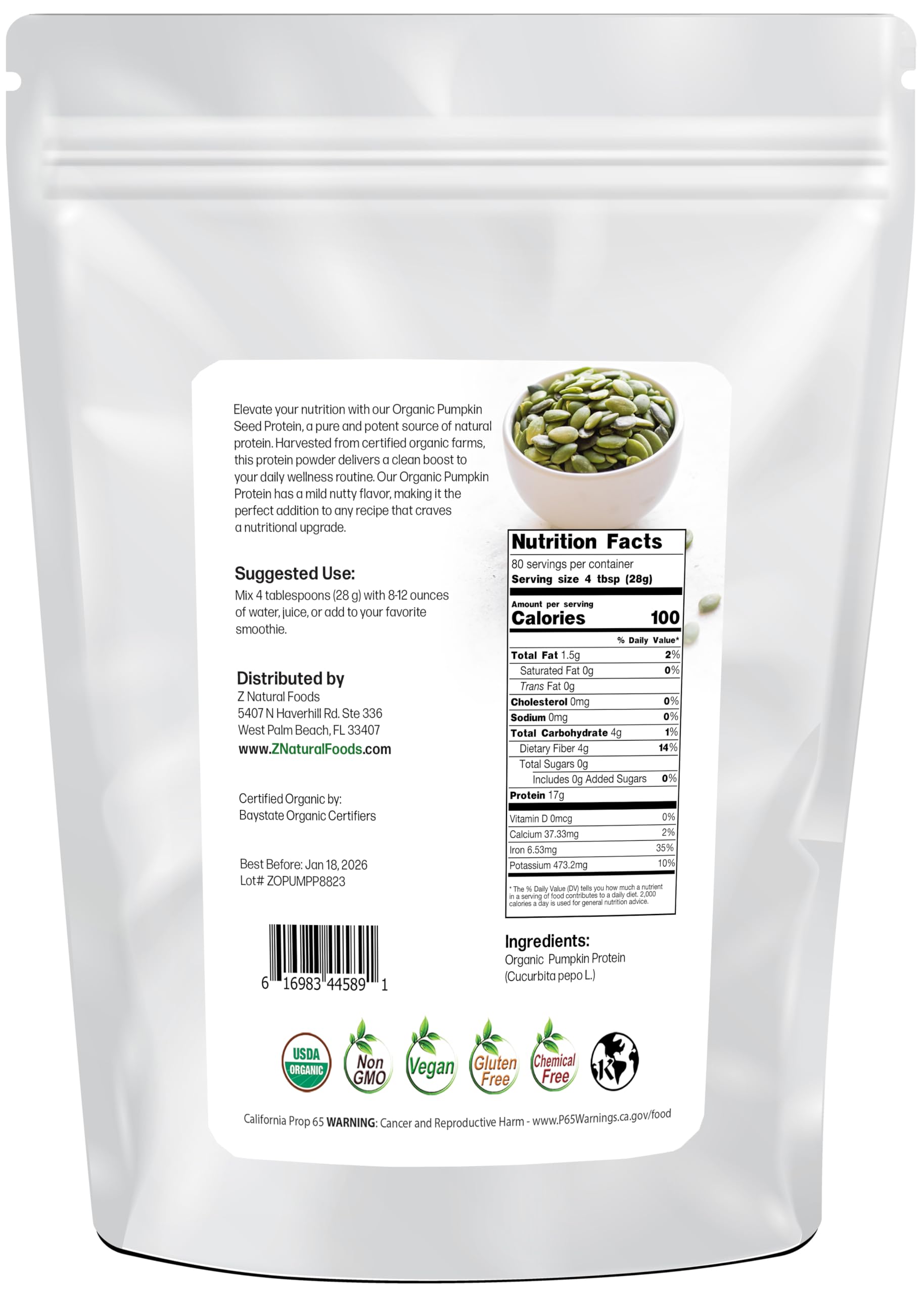 Side view of organic pumpkin seed protein powder packaging