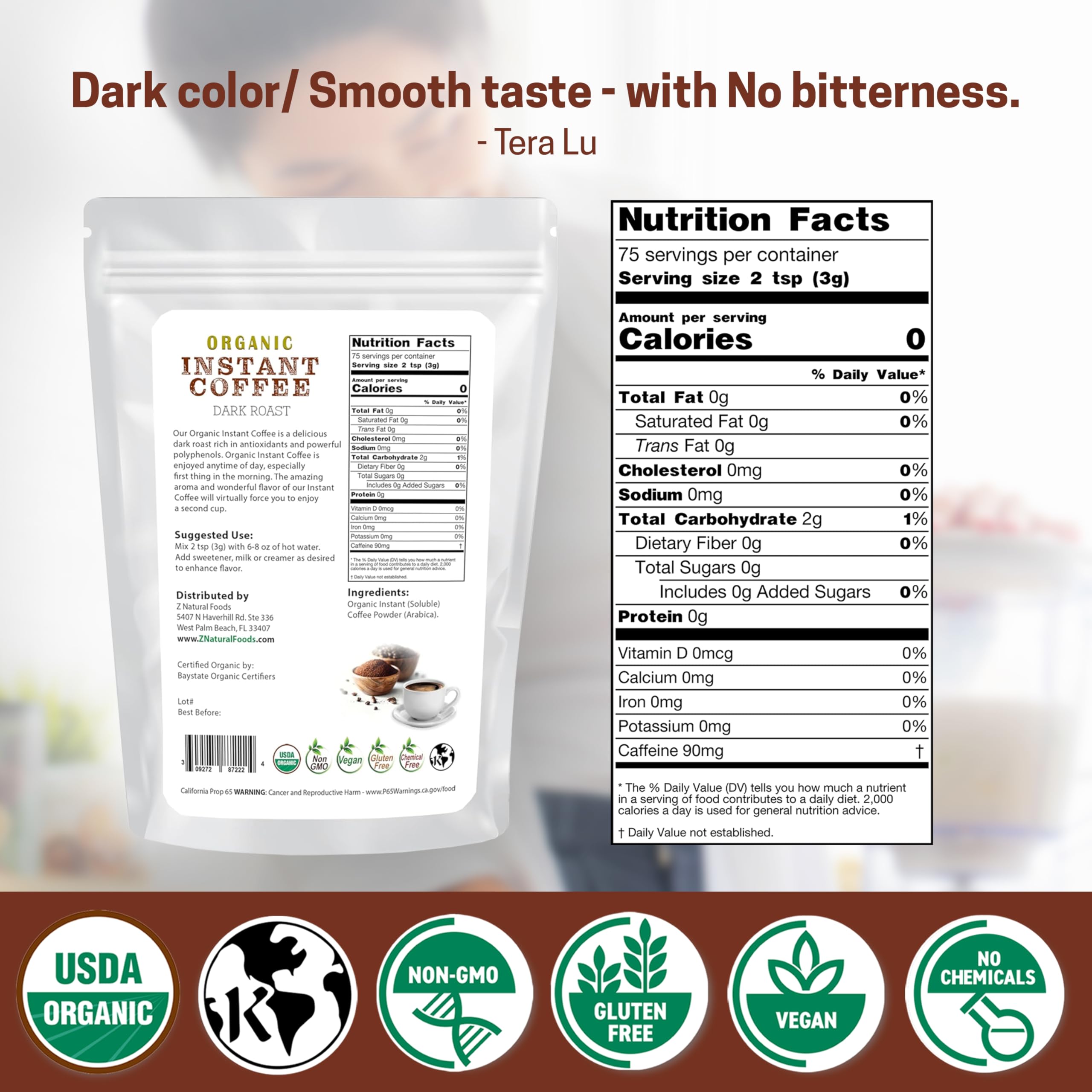 Z Natural Foods coffee cup with dark roast aroma for a robust morning ritual.