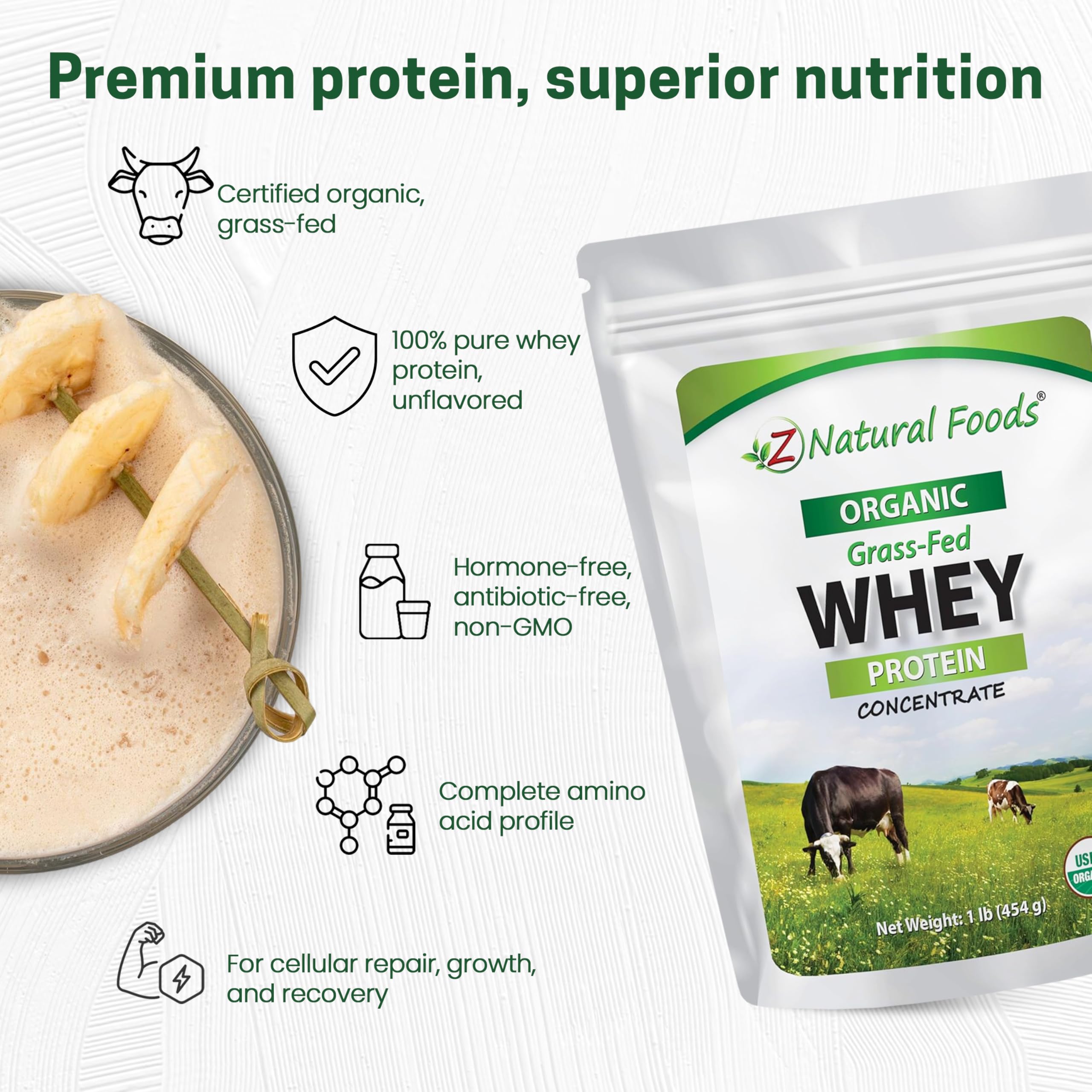 Z Natural Foods unflavored whey protein mixer shows versatile ingredient for recipes and beverages.