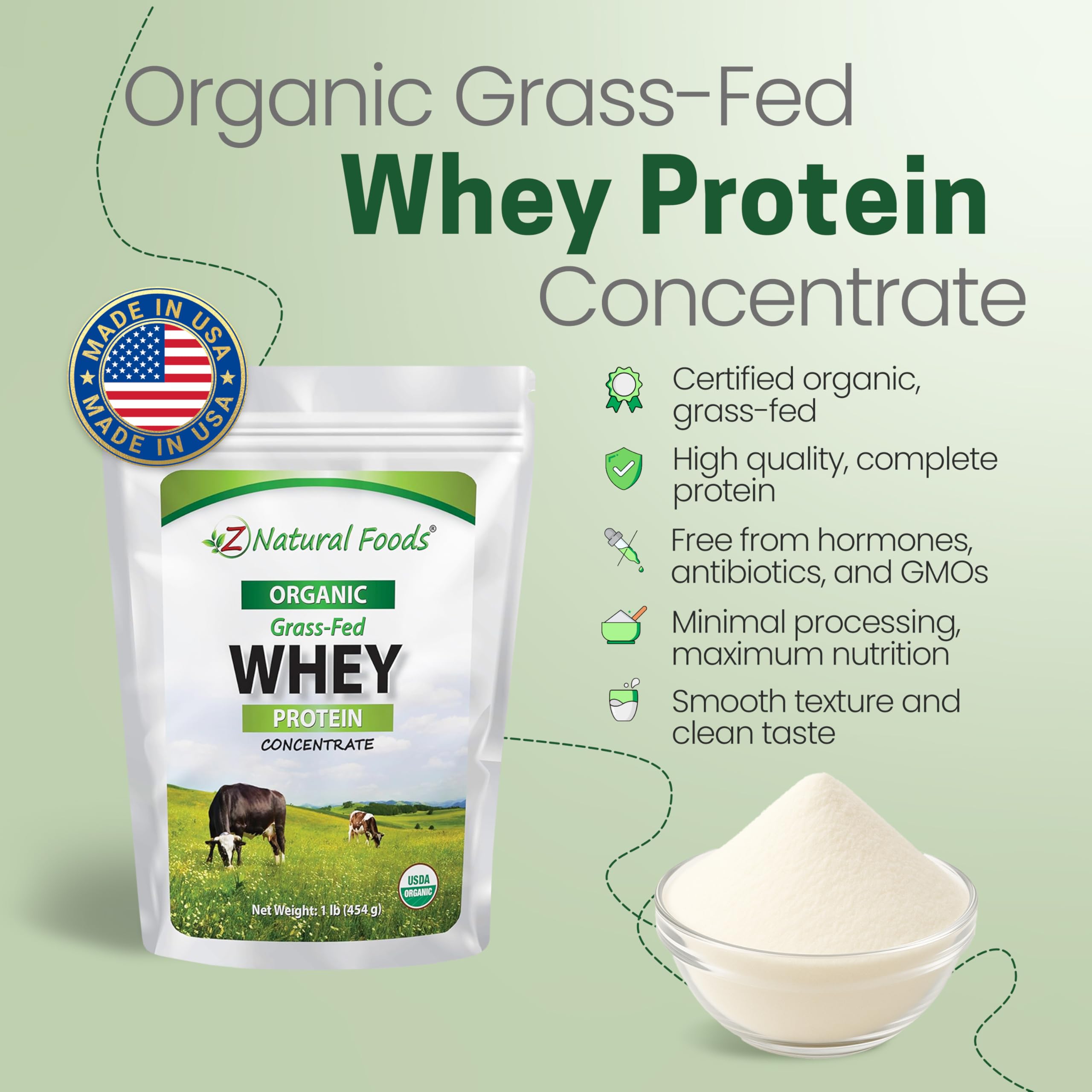 Z Natural Foods whey concentrate pouring glass demonstrates smooth texture for shakes and bakes.