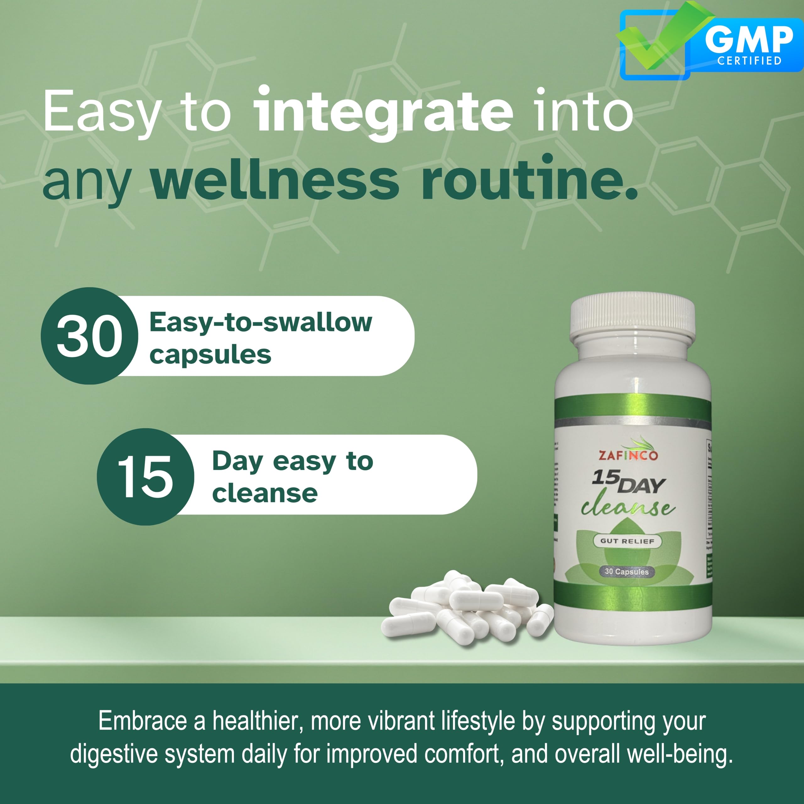 Macro shot of ZAFiNCO Gut Relief capsules