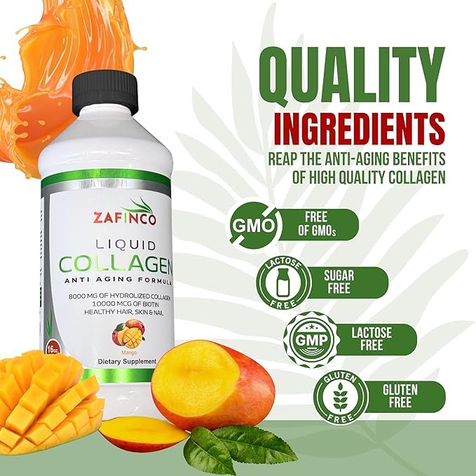 Lifestyle image of mango-flavored liquid collagen bottle