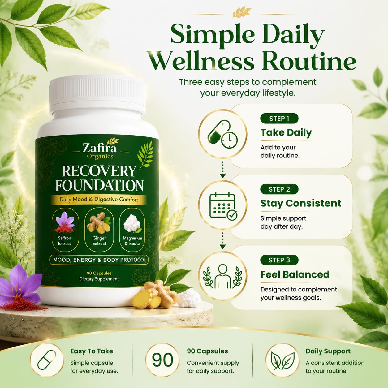 Zafira Organics open bottle with capsules pouring emphasizing accessible daily dosing