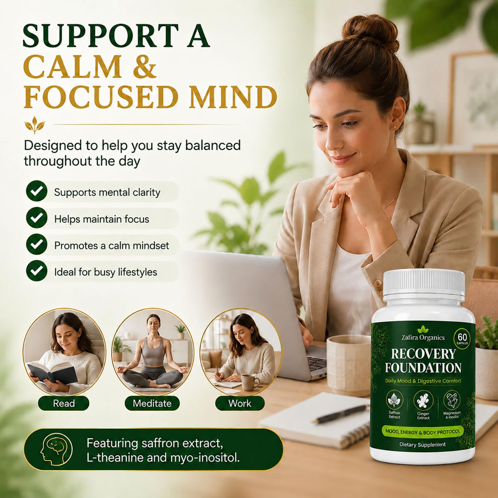 Zafira Recovery capsules beside healthy foods showing digestive and wellness support