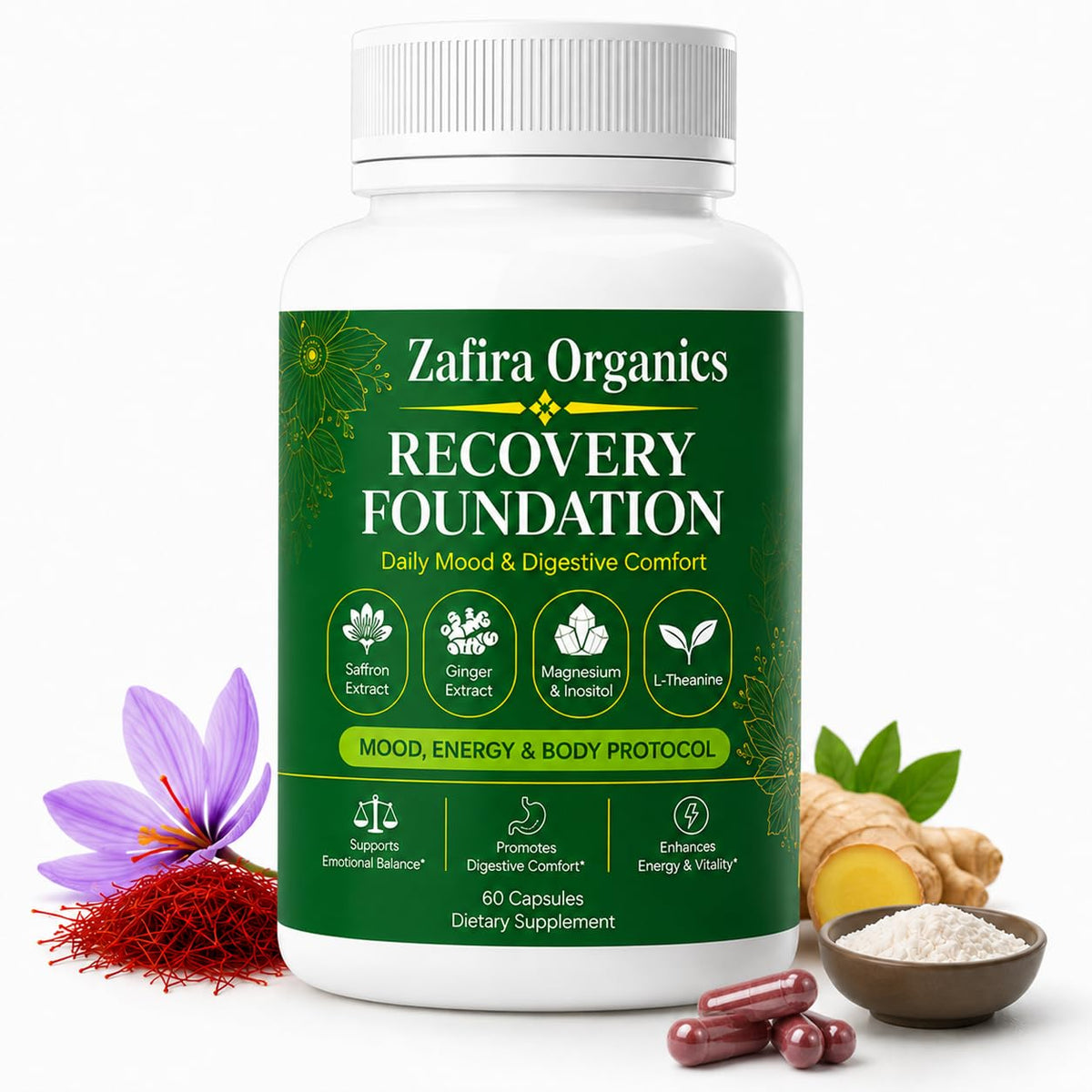 Zafira Organics front packaging showing bottle and 60 capsules for daily support