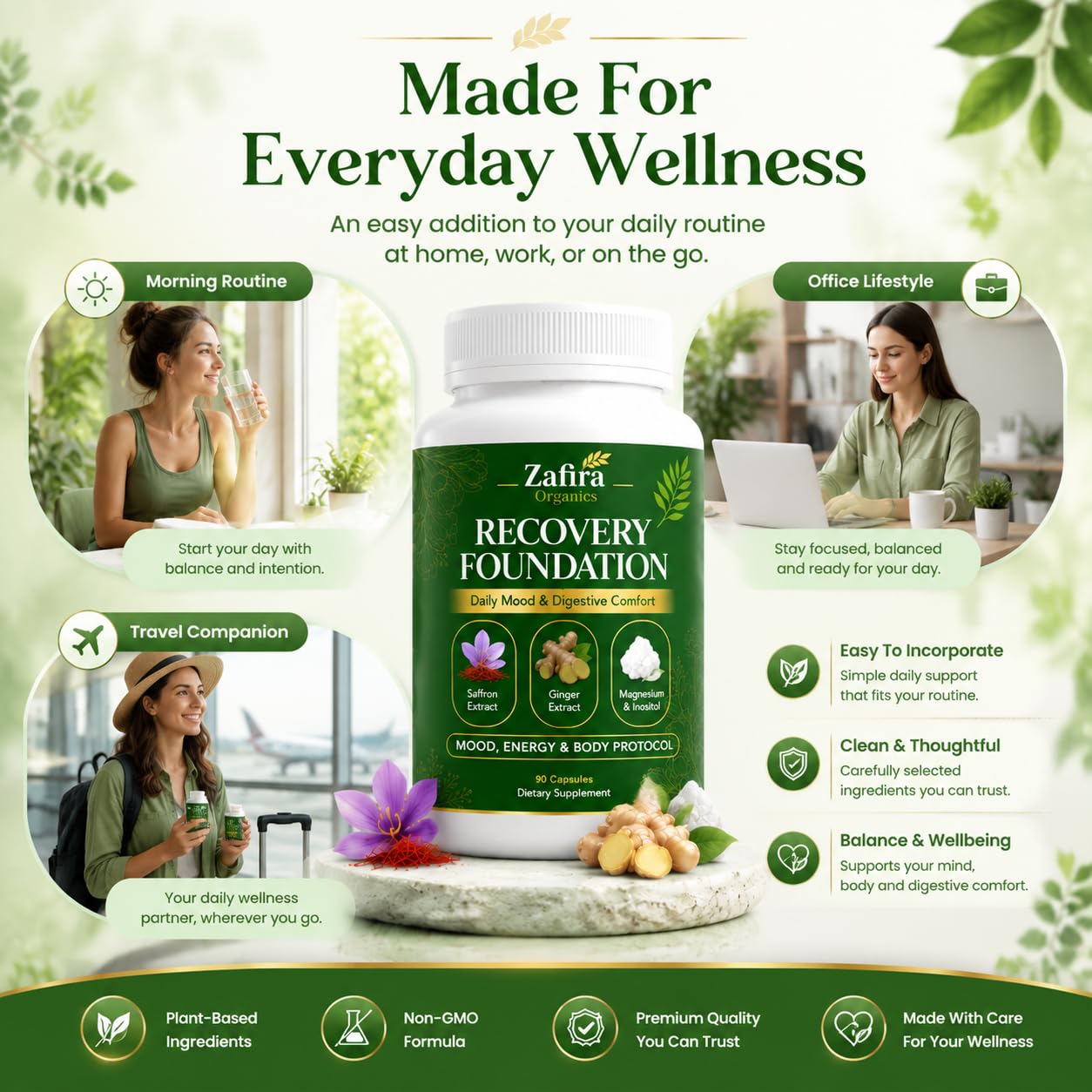Zafira Organics bottle on bathroom counter illustrating morning routine convenience