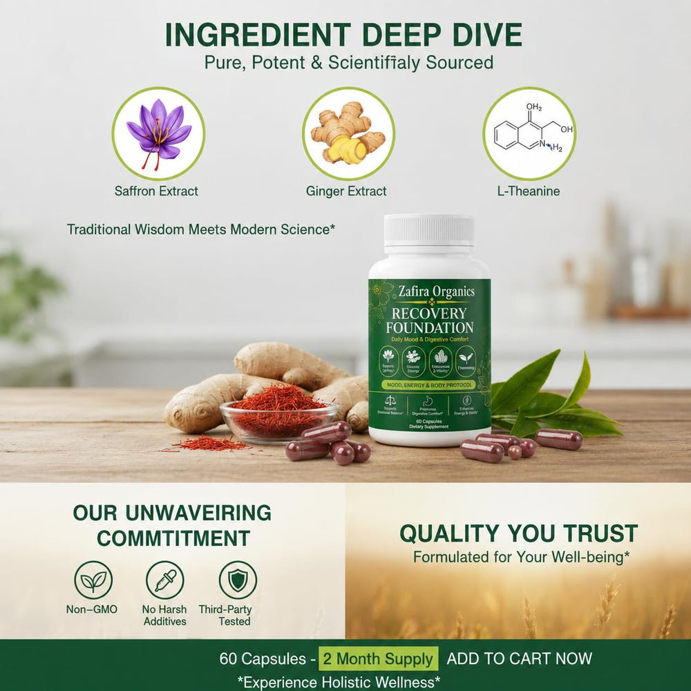 Zafira Organics ingredients spread with saffron and ginger emphasizing natural blend