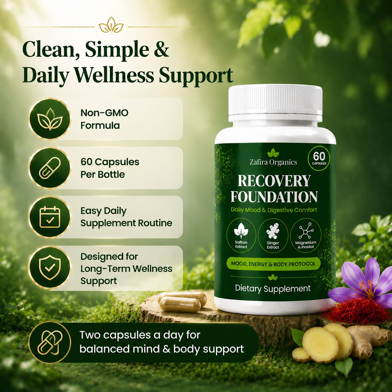 Zafira Recovery bottle on a morning counter representing daily routine benefits