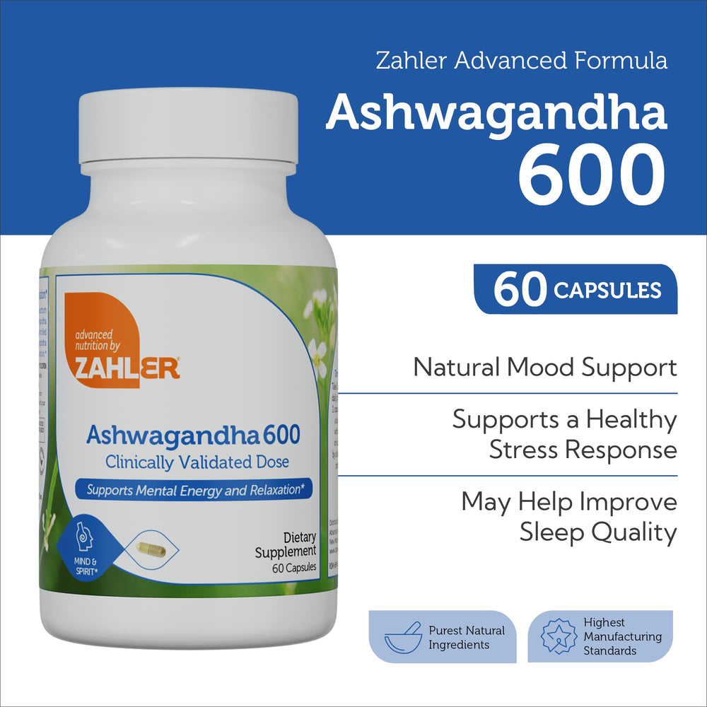 Close-up of Zahler Ashwagandha capsules bottle