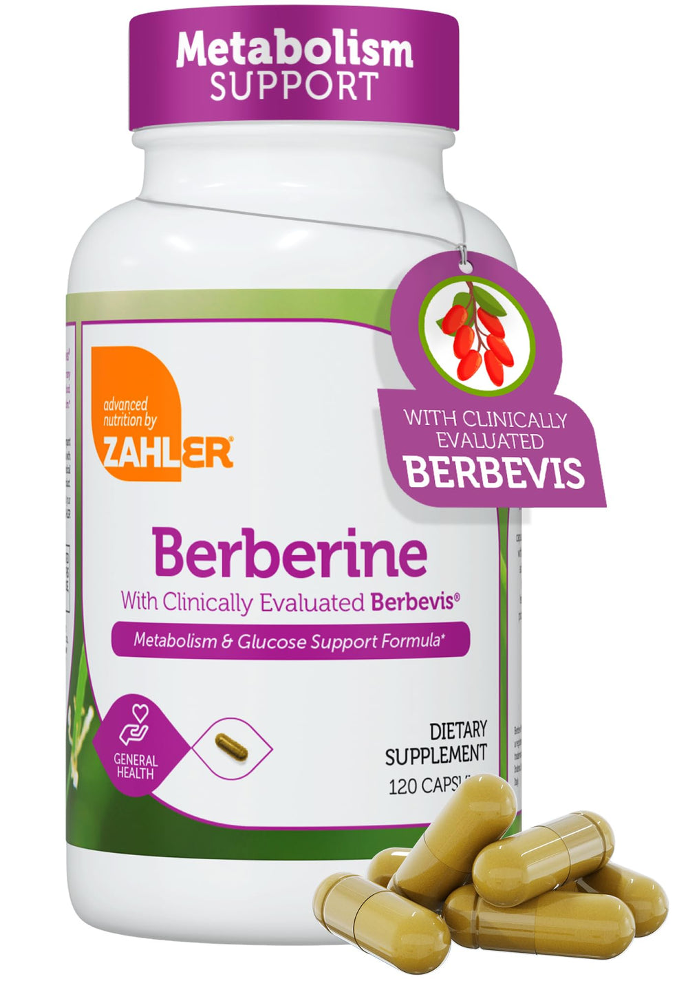 Zahler Berberine bottle front showing 120 capsules for metabolism support.