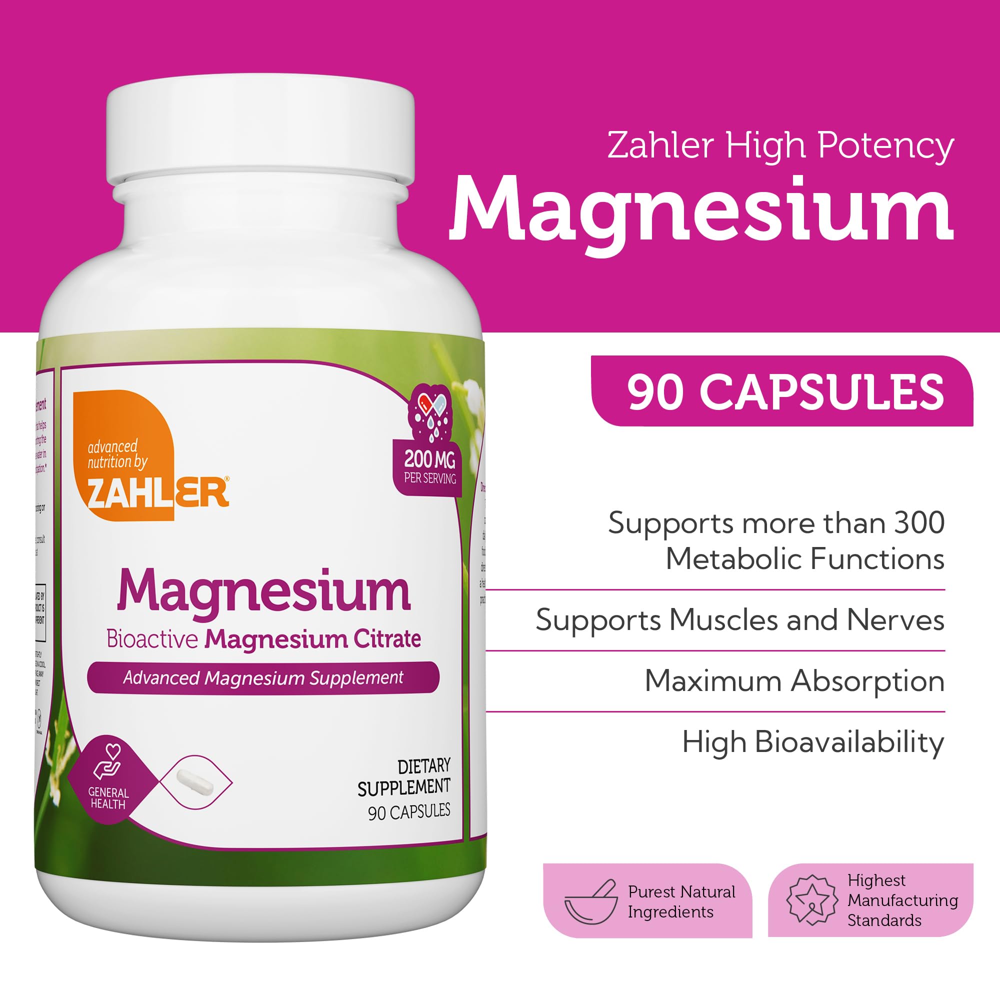 Unflavored, easy-to-swallow Zahler magnesium citrate capsules