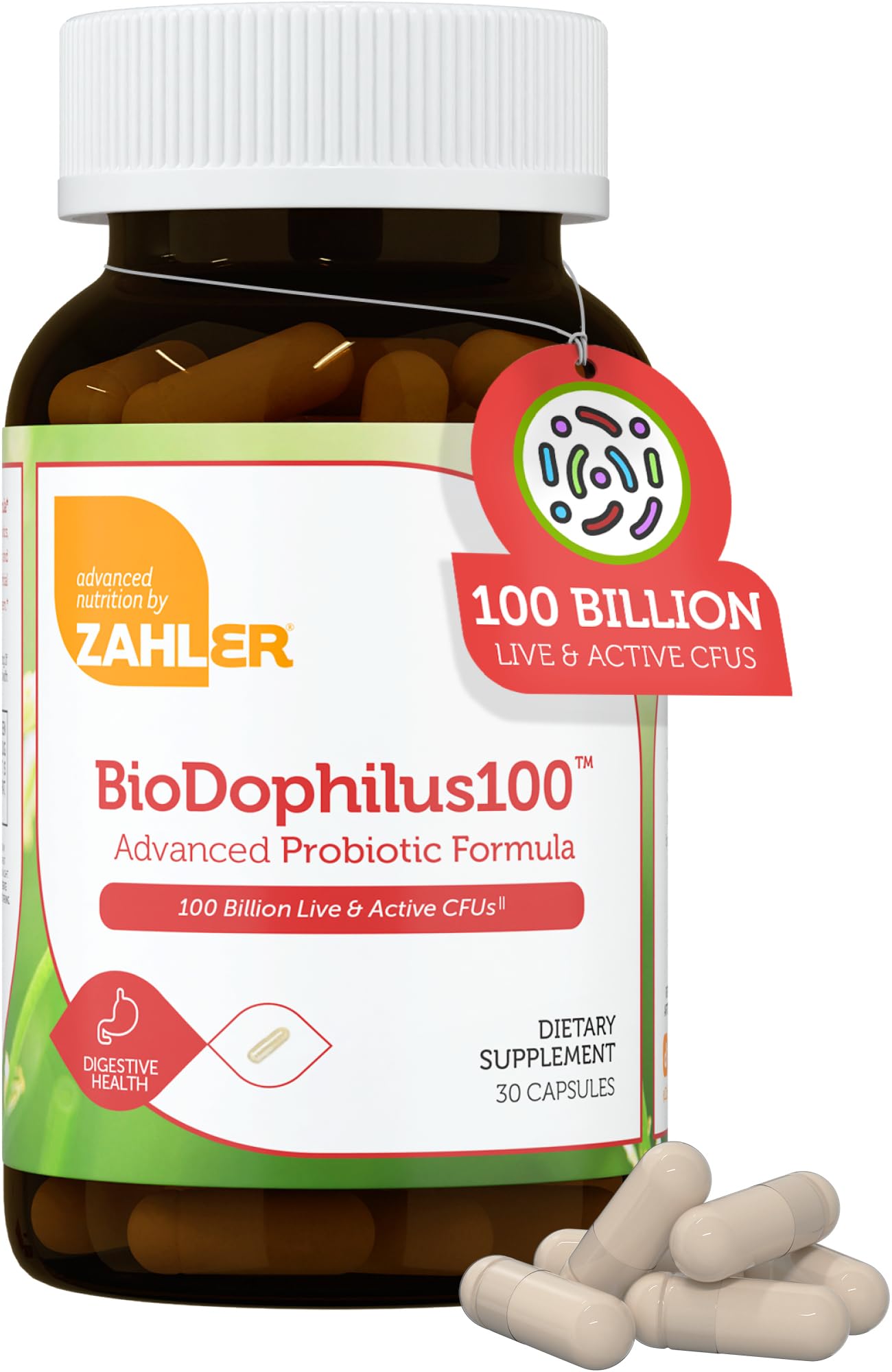 Zahler BioDophilus100 bottle front label showing 100 Billion CFU