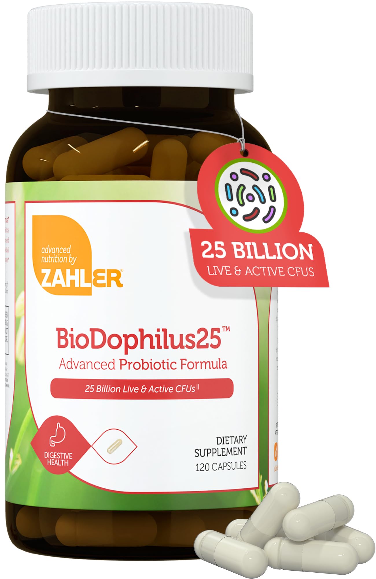 Zahler BioDophilus25 bottle and label showing 25 Billion CFU and 11 strains