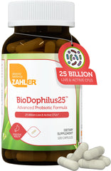 Zahler BioDophilus25 bottle and label showing 25 Billion CFU and 11 strains