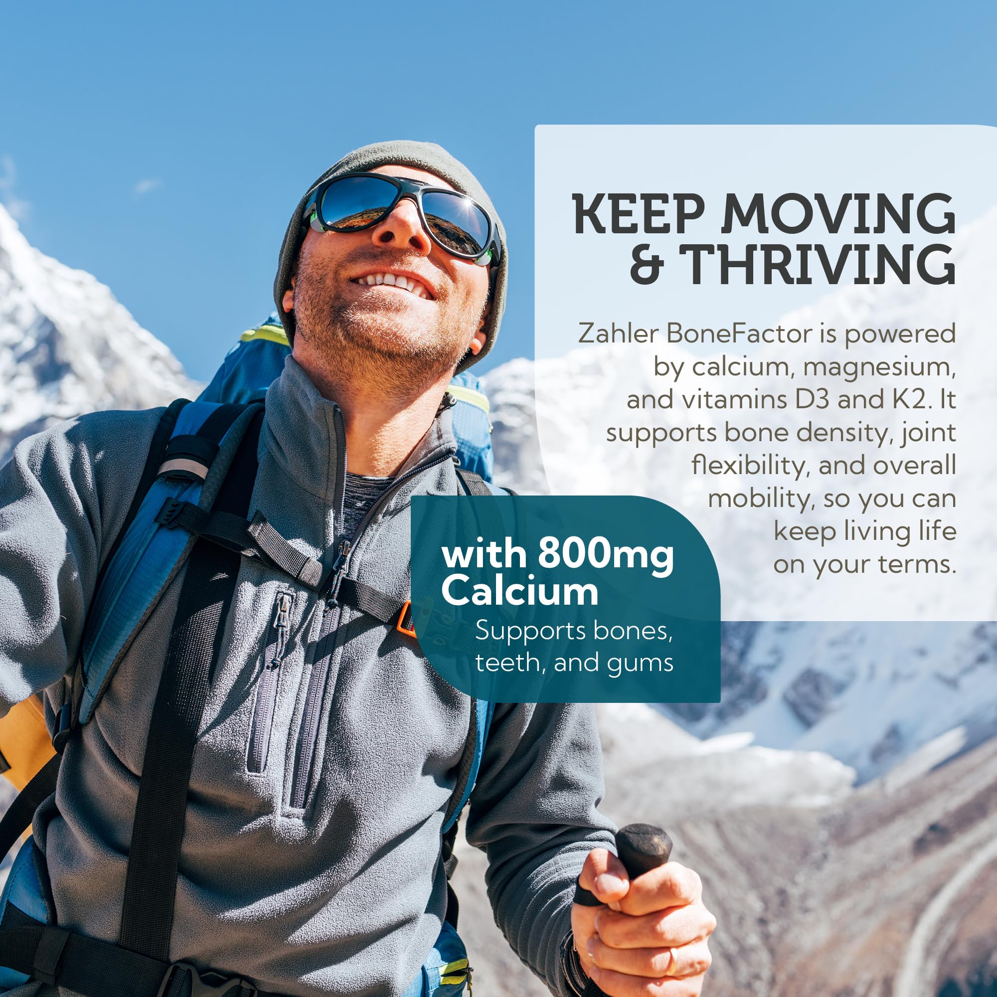 Illustration of BoneFactor ingredients including Calcium, D3, K2 and Magnesium