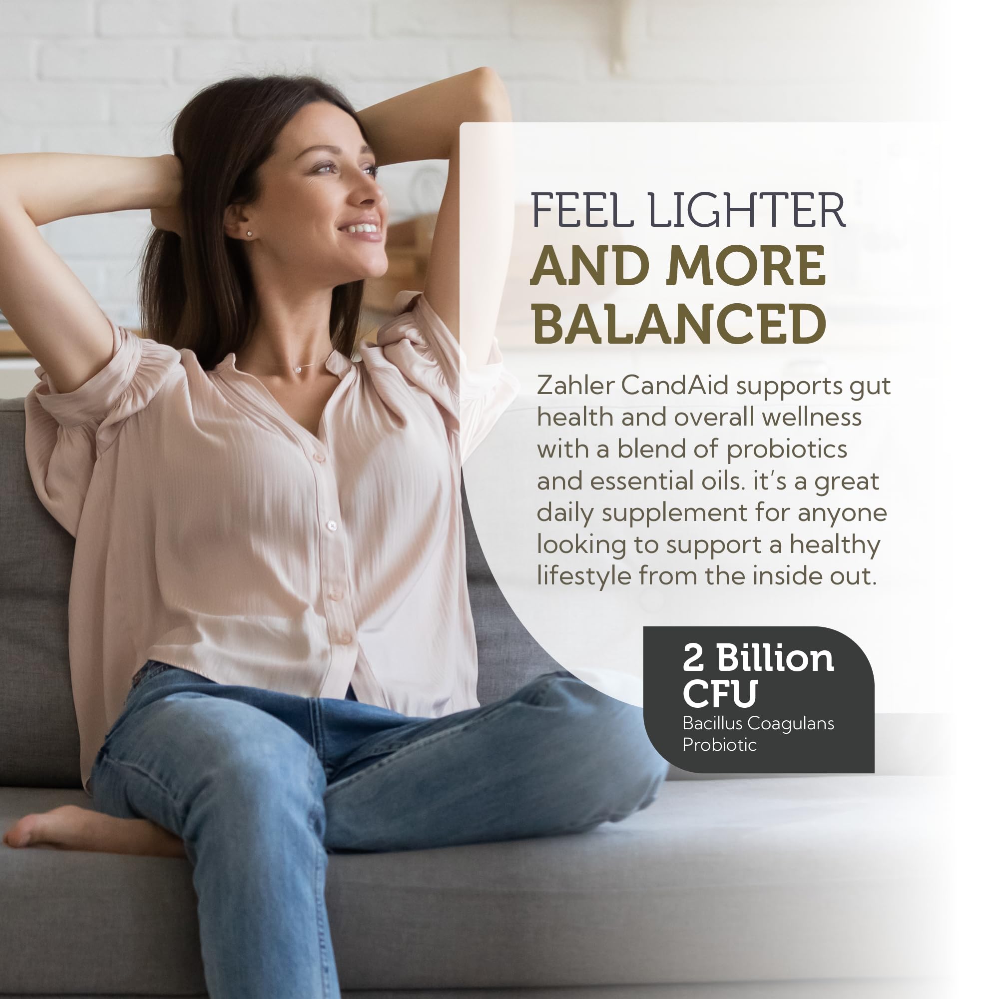 Zahler CandAid probiotic capsules close-up highlighting Bacillus Coagulans for gut balance.