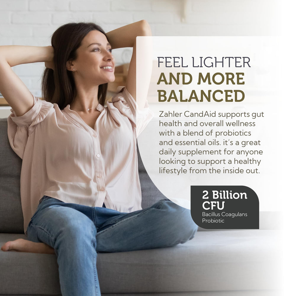 Zahler CandAid probiotic capsules close-up highlighting Bacillus Coagulans for gut balance.
