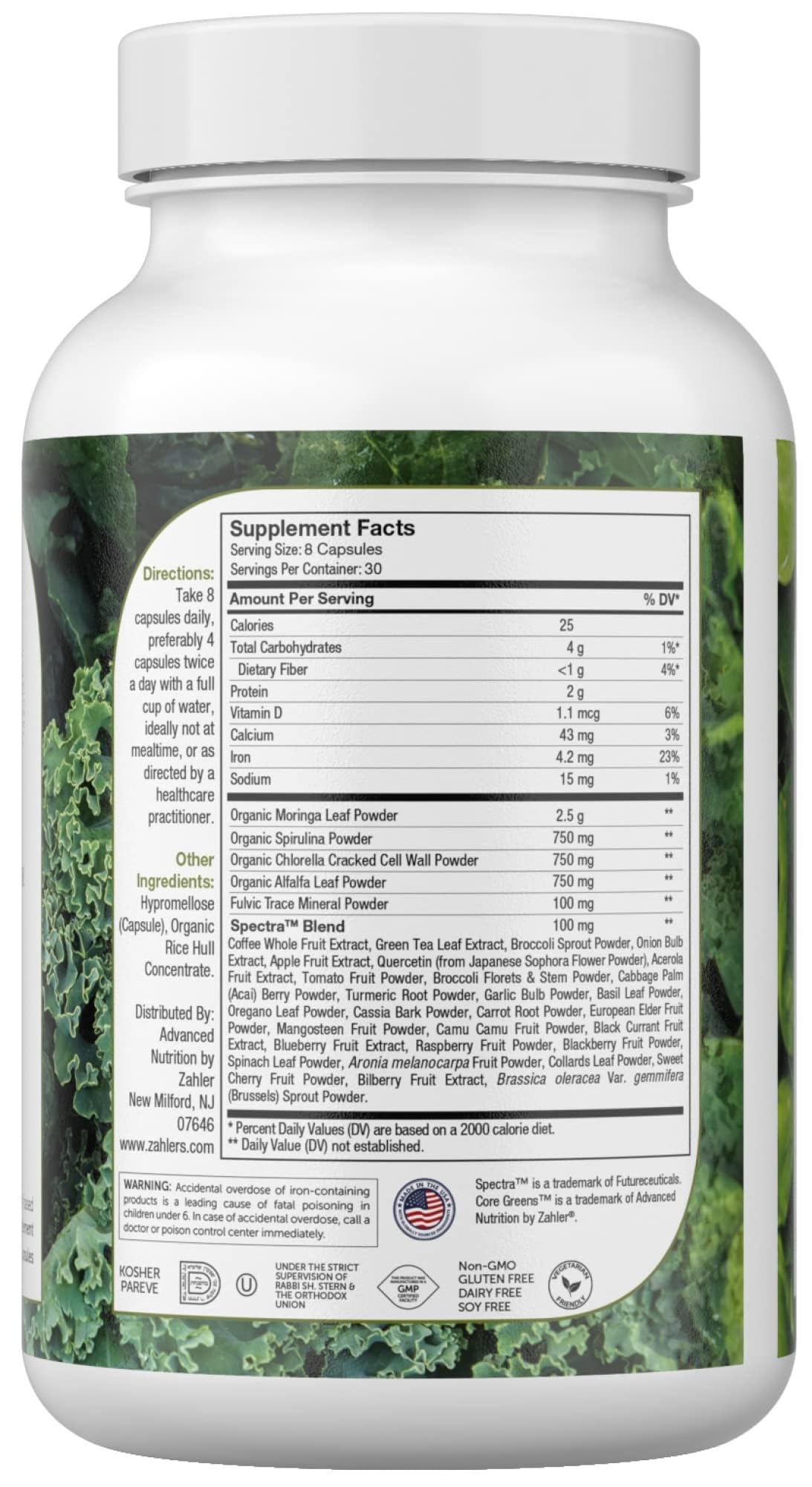 Close-up of Zahler Core Greens capsules