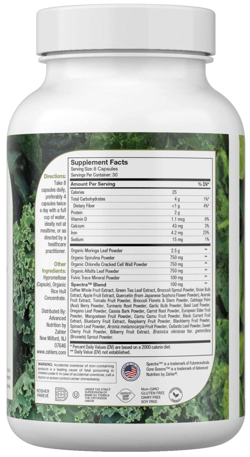Close-up of Zahler Core Greens capsules