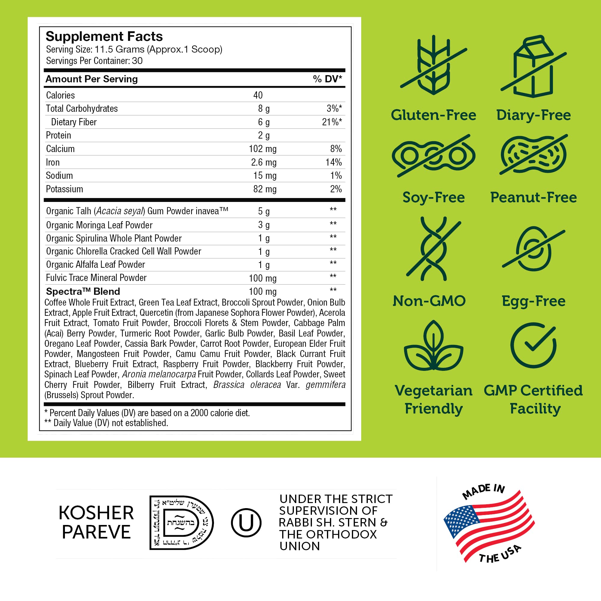 Kosher and non-GMO labeling on Zahler Core Greens Powder