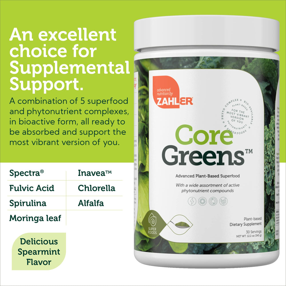 Zahler Core Greens Powder added to a smoothie