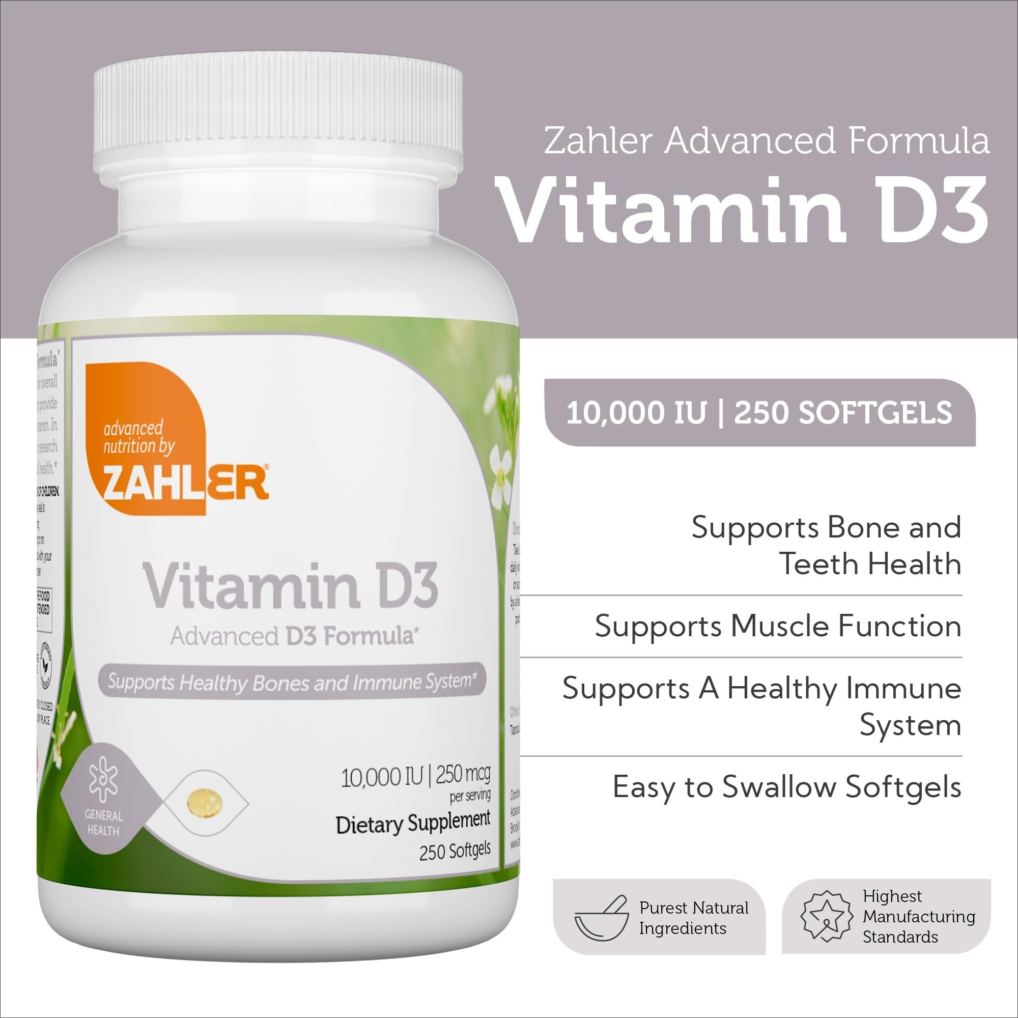 Nutrition facts panel for Zahler Vitamin D3 softgels