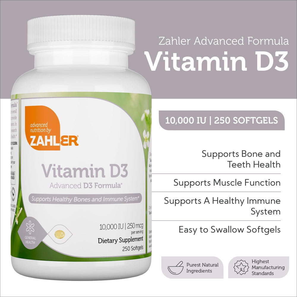 Nutrition facts panel for Zahler Vitamin D3 softgels