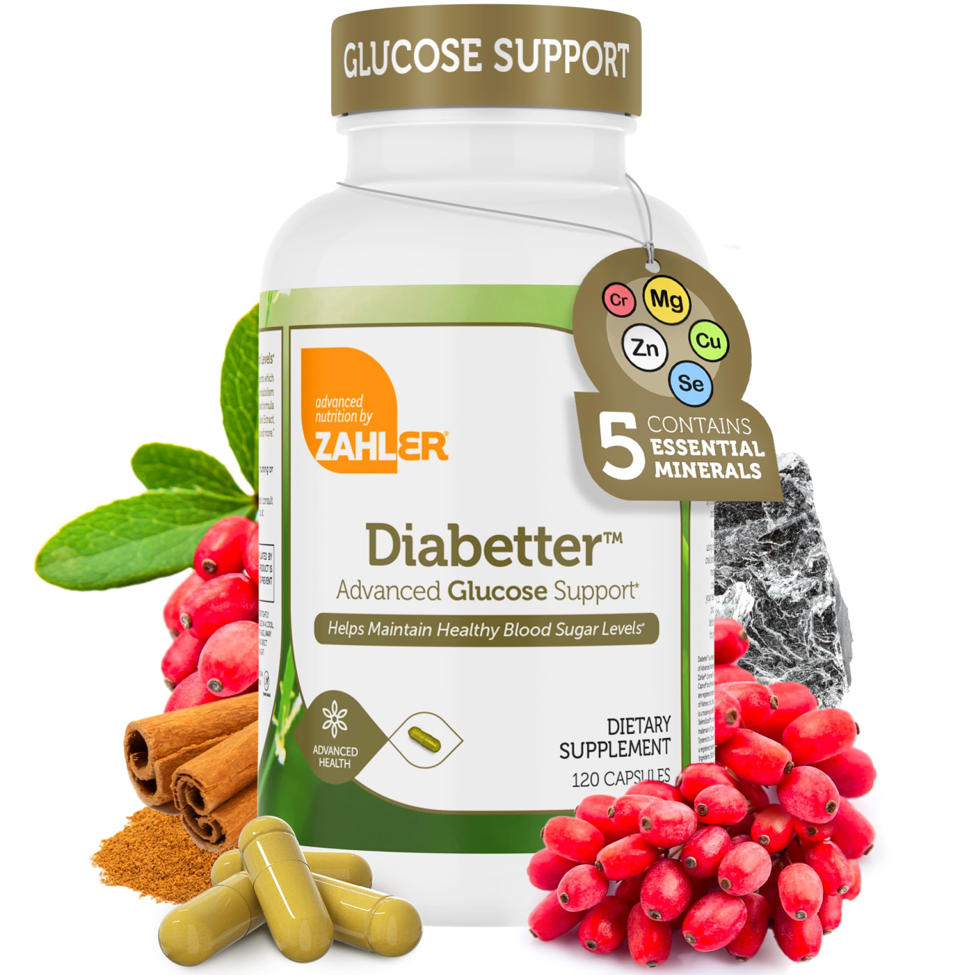 Front view of Zahler Diabetter bottle labeled 'Advanced Glucose Support' with Cinnamon imagery