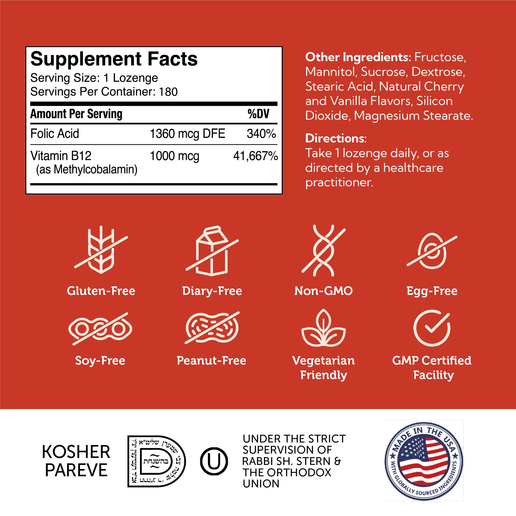 Gluten-free and Non-GMO label on Zahler B12 lozenge packaging