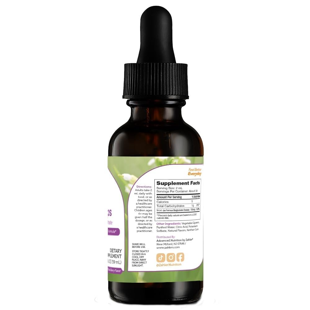 Close-up of Zahler's Iron Drops liquid and dropper