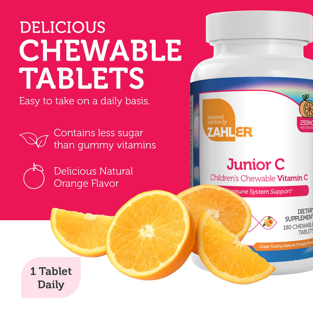 Close-up of orange flavored chewable Vitamin C tablets