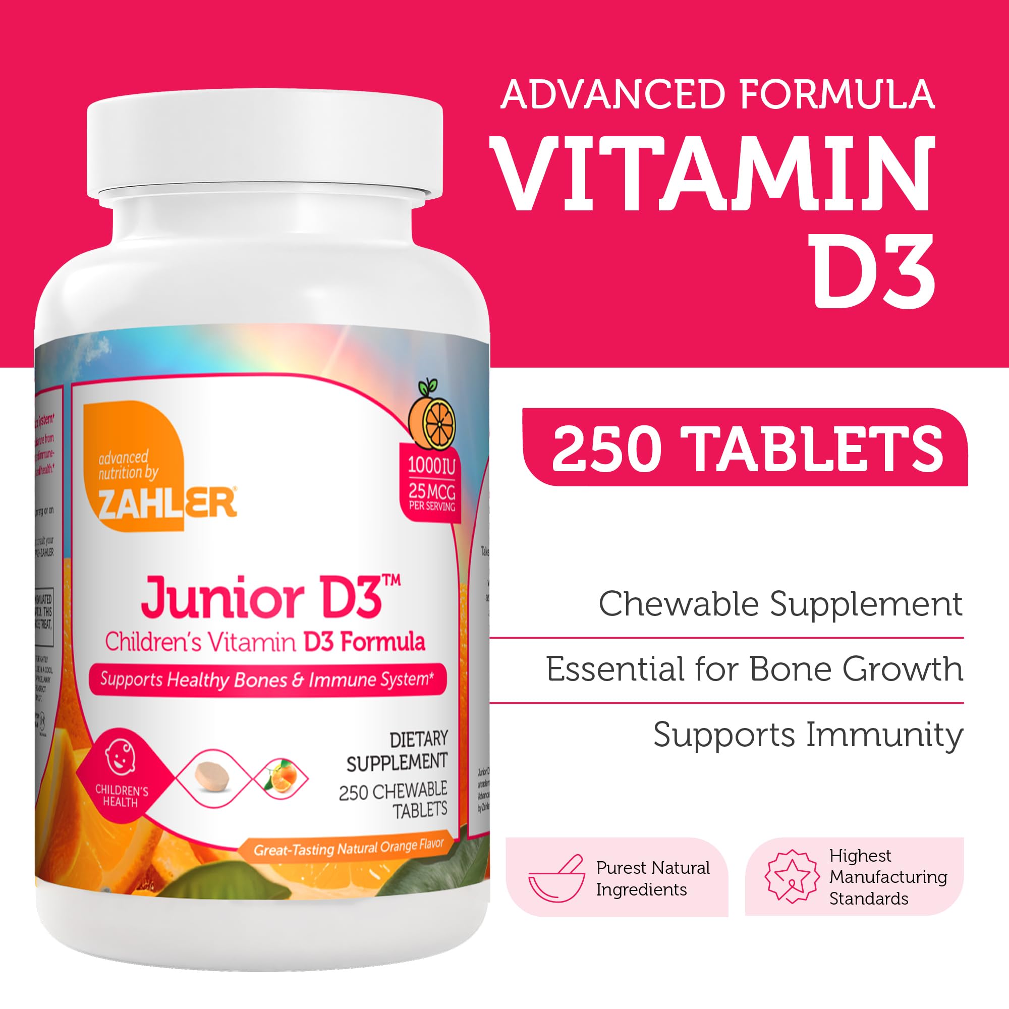 Nutrition facts label for Zahler Junior D3 Vitamin D3