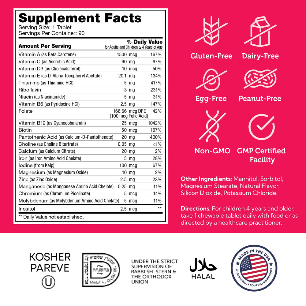 Close-up of Zahler Kids Multivitamin cherry-flavored chewable tablet