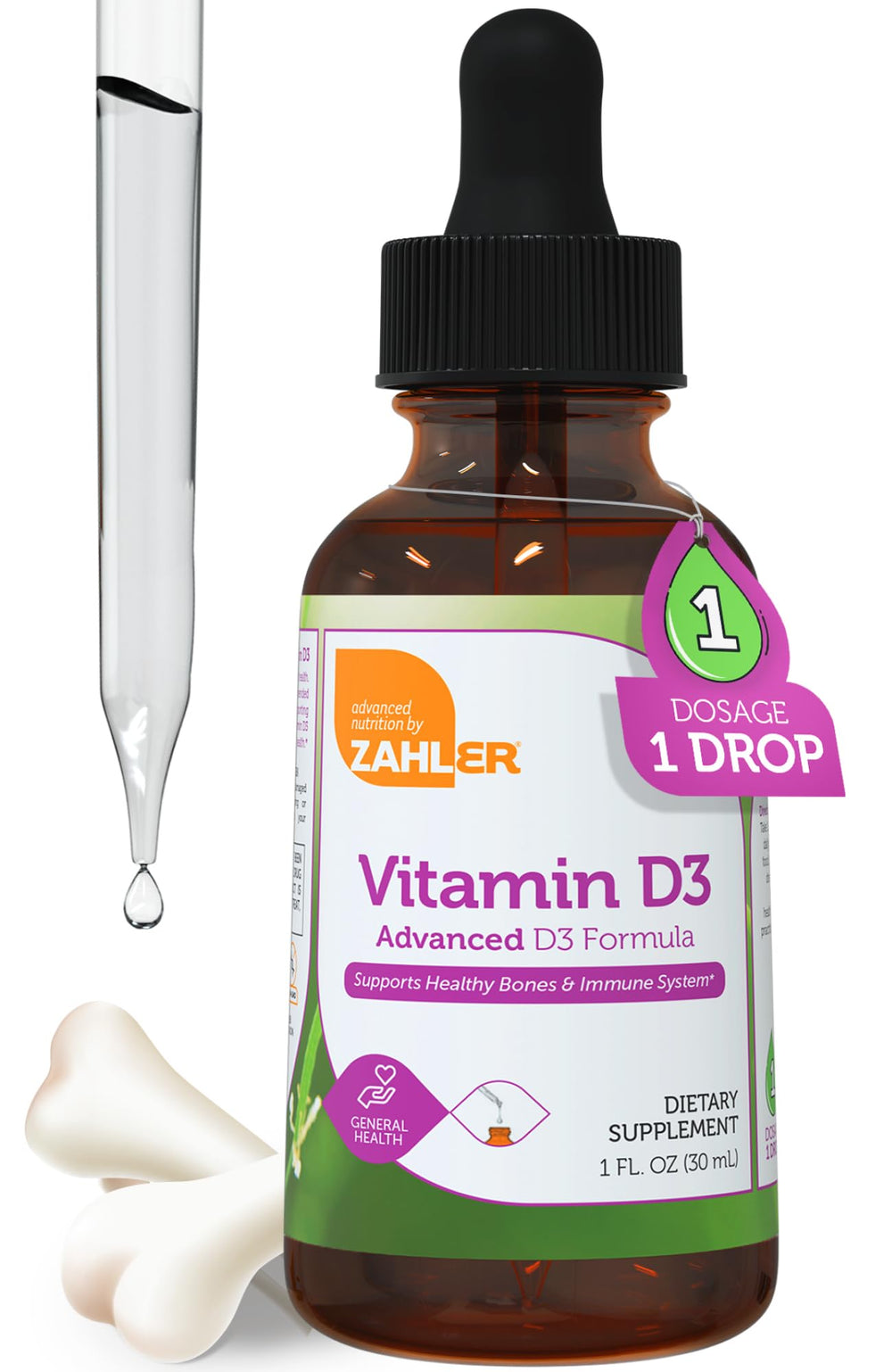 Front view of Zahler Liquid Vitamin D3 1000 IU Drops bottle