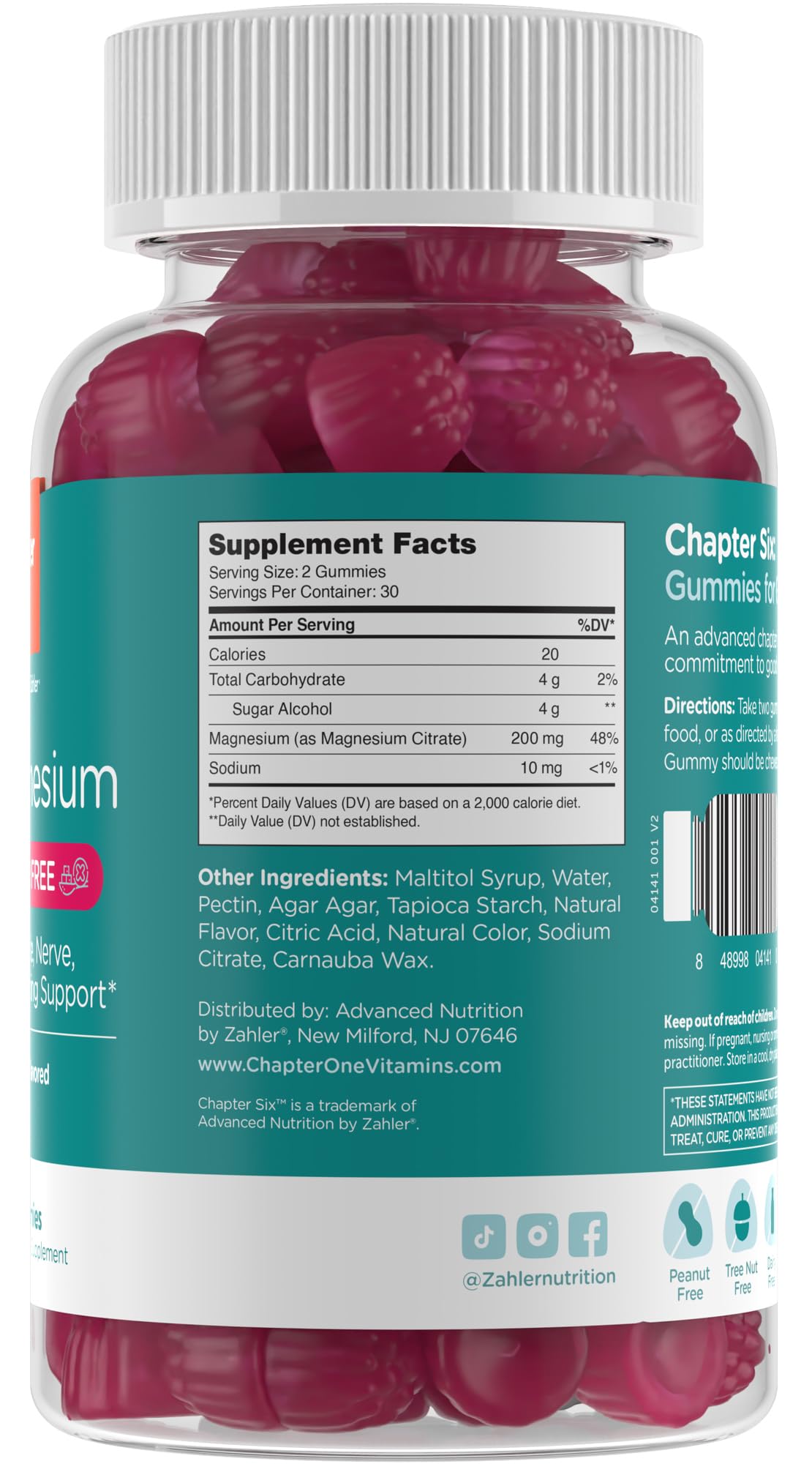 Back label of Zahler Magnesium Gummies Raspberry bottle