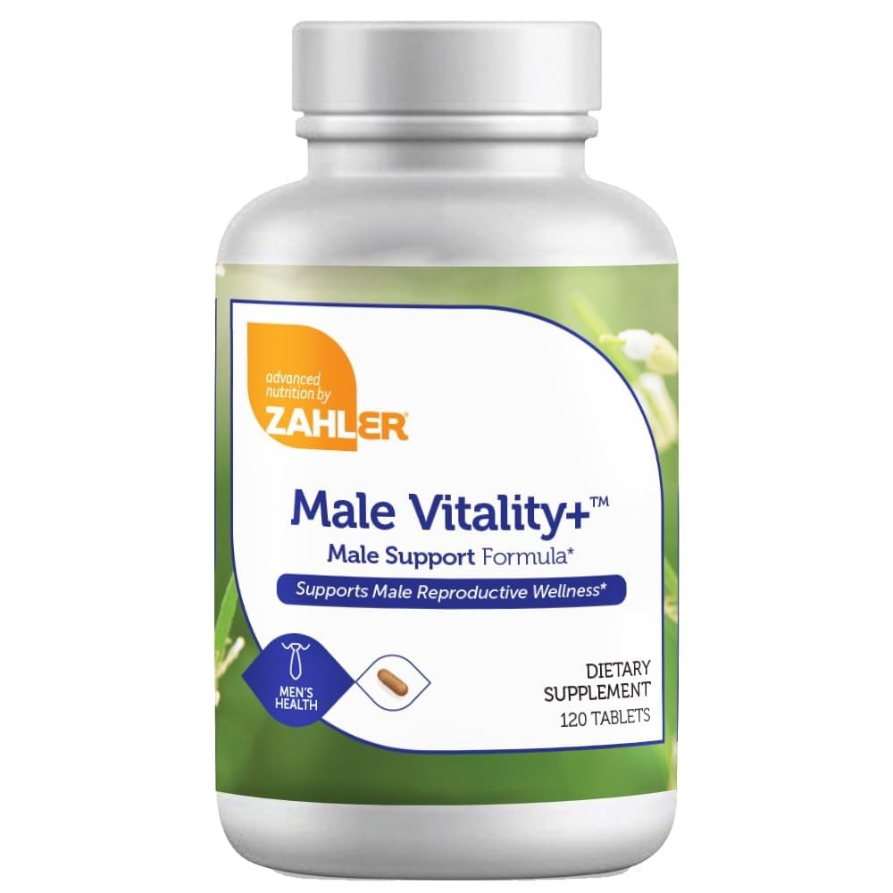Zahler Male Vitality+ bottle on a kitchen counter supports daily energy and wellness.