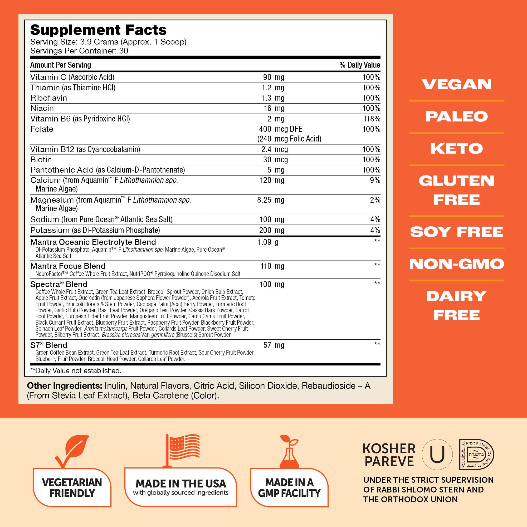 Vitamin C, B vitamins, and Biotin highlighted on Mantra Rise