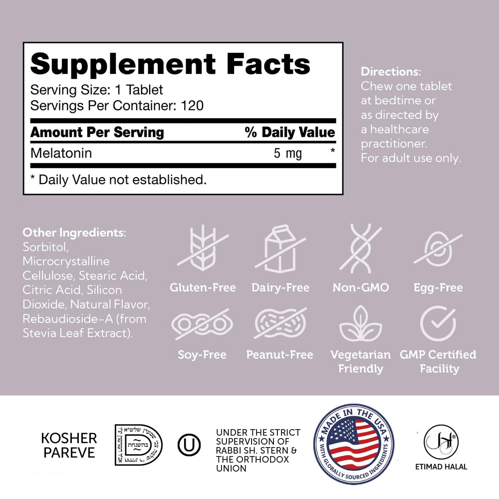 Kosher certified Zahler Melatonin 5mg chewables - Made in USA