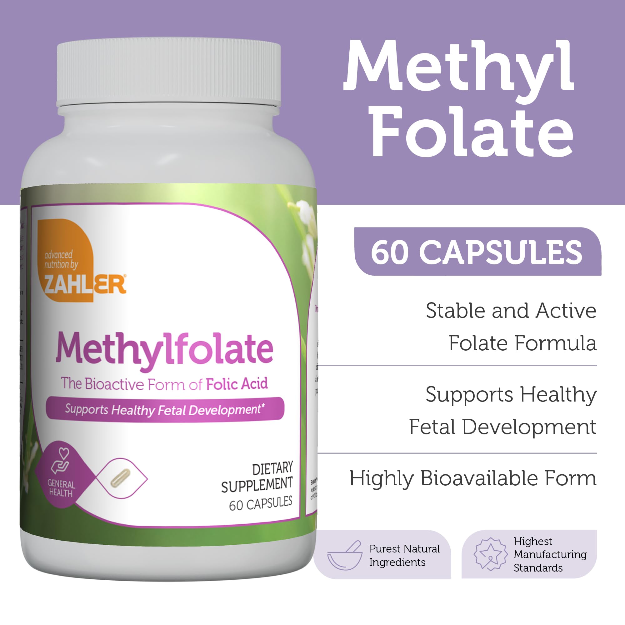 Bottle of Zahler Methylfolate 60 capsules