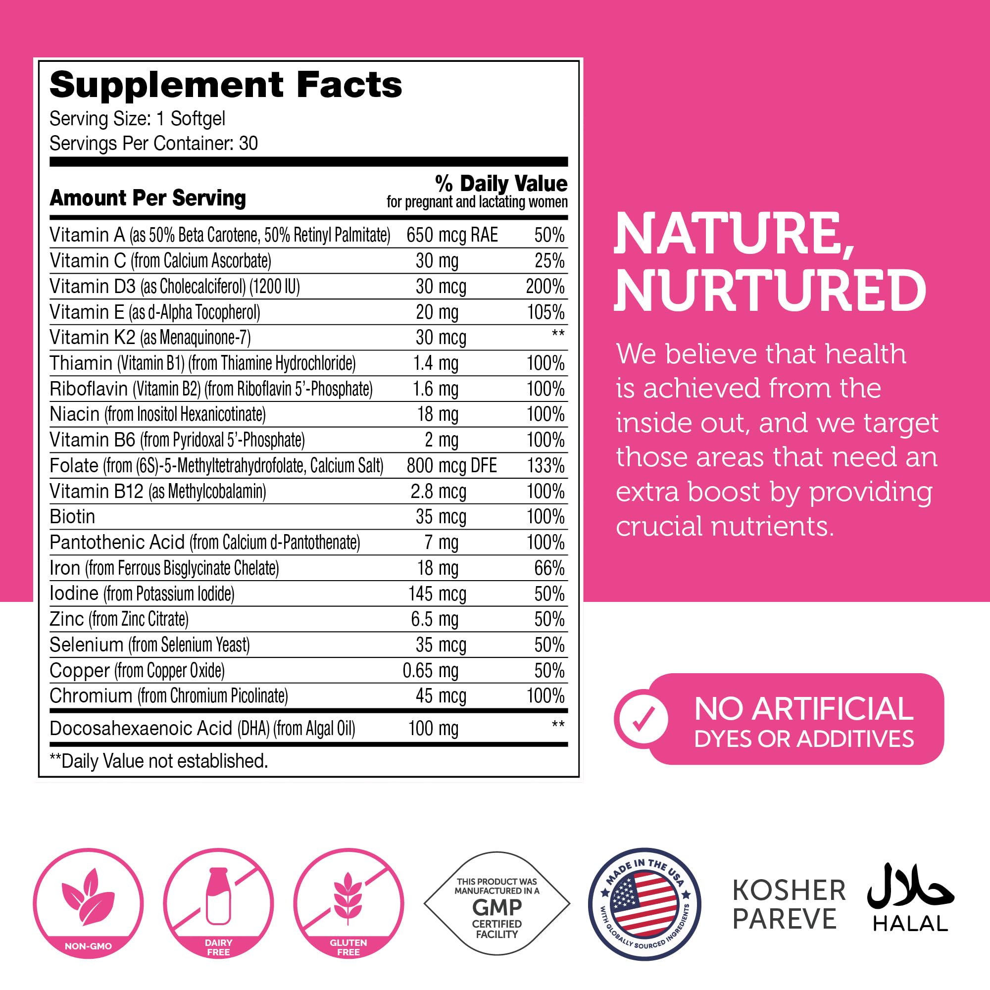 Nutrient list indicating 19 essential prenatal vitamins and minerals