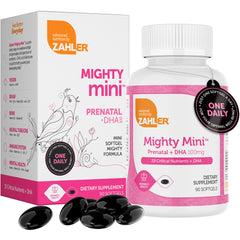 Zahler Mighty Mini Prenatal Vitamin bottle with label