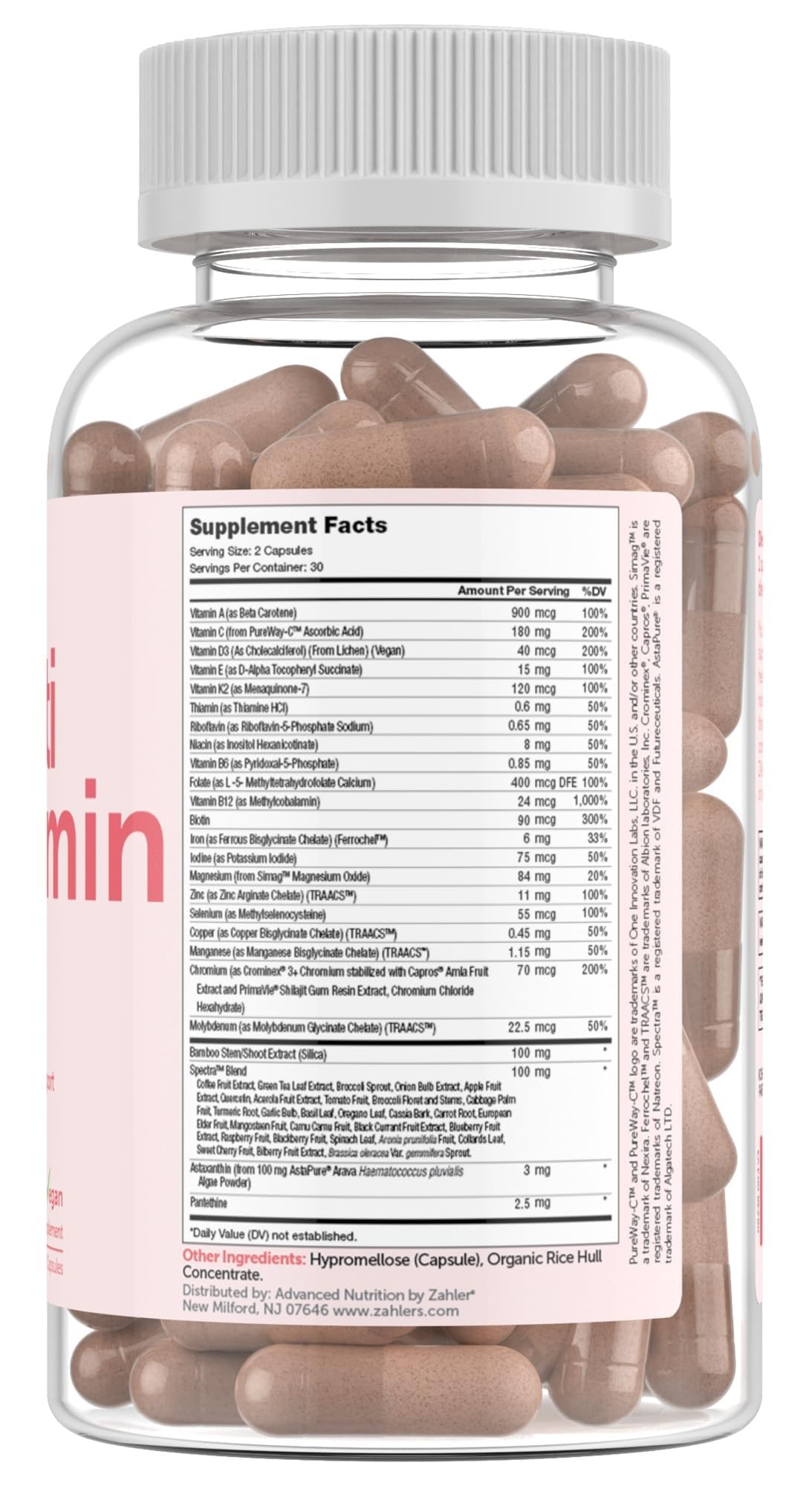 Close-up of Zahler multivitamin capsules