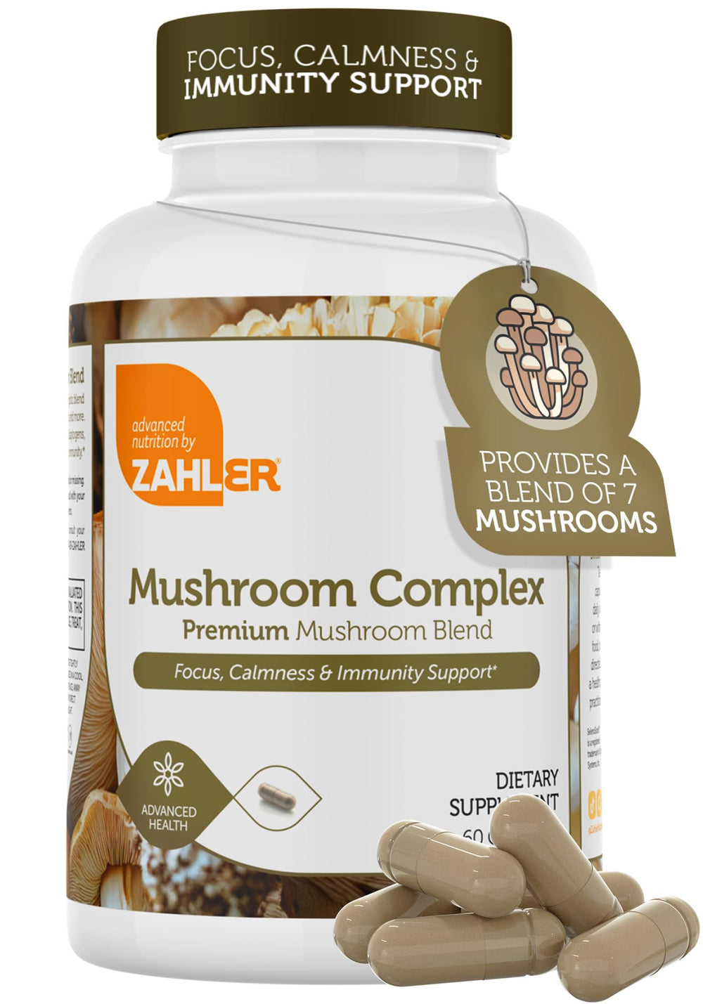 Zahler Mushroom Complex bottle label with 7-mushroom blend